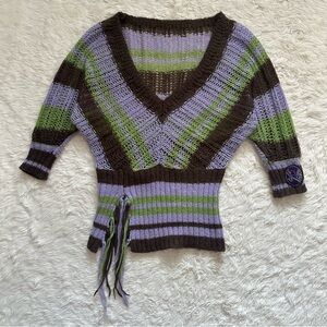 Miss Sixty Top V-neck Sweater Knit Mohair Blend Vintage Y2K 2000s Stripes Sz M